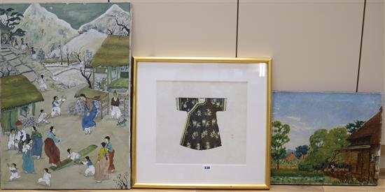 A Japanese oil landscape, a Chinese gouache of a robe and a Chinese oil landscape with figures (3) 73x51